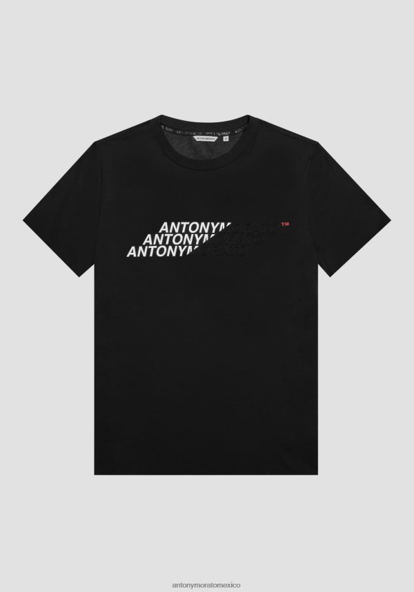Camiseta regular fit de algodón con logo estampado efecto engomado Antony Morato hombres negro ropa PJRF6X171