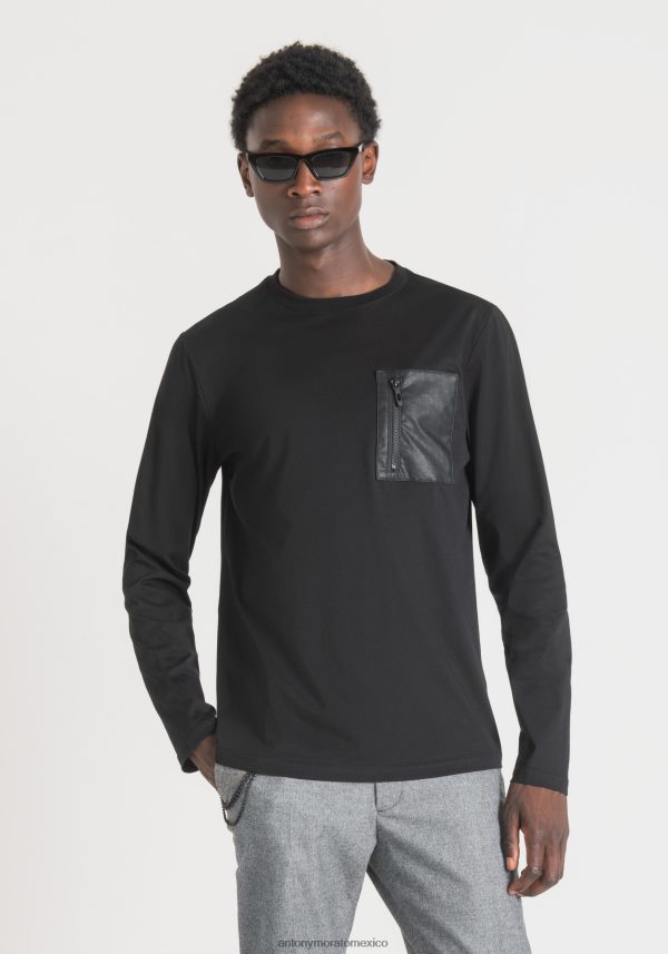 Camiseta regular fit de manga larga 100% algodón con bolsillo con cremallera de piel sintética Antony Morato hombres negro ropa PJRF6X211