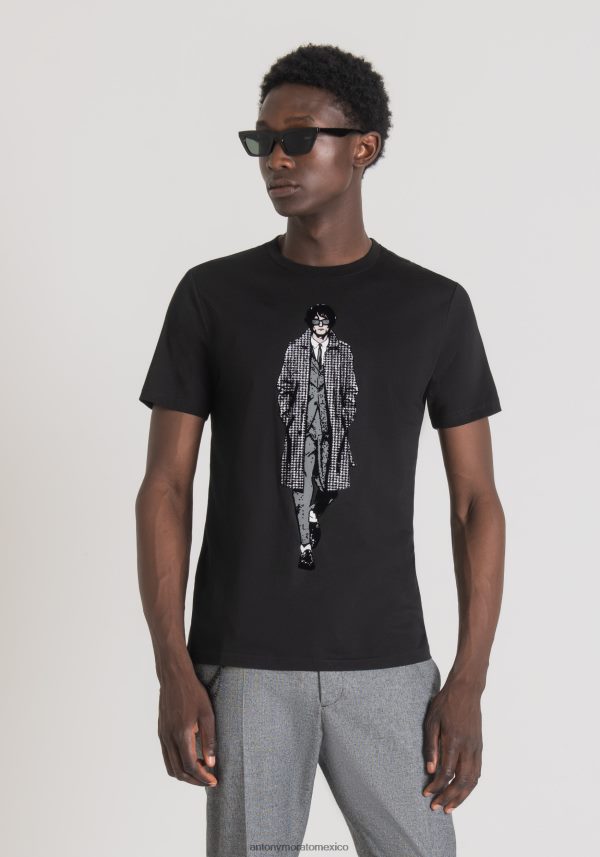 Camiseta slim fit de puro algodón con estampado frontal Antony Morato hombres negro ropa PJRF6X153