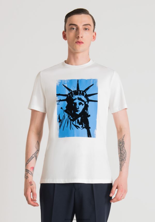 camiseta regular fit de 100% algodón con estampado de la estatua de la libertad Antony Morato hombres crema ropa PJRF6X206