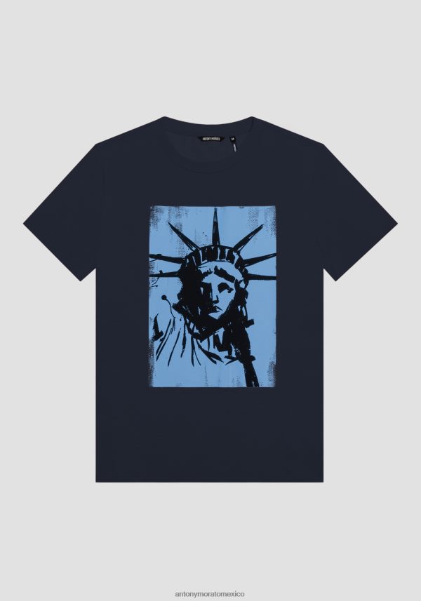camiseta regular fit de 100% algodón con estampado de la estatua de la libertad Antony Morato hombres tinta azul ropa PJRF6X207