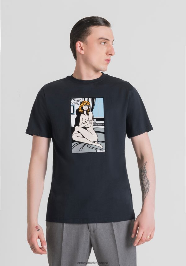 camiseta regular fit de 100 % algodón con estampado de viñetas Antony Morato hombres tinta azul ropa PJRF6X181