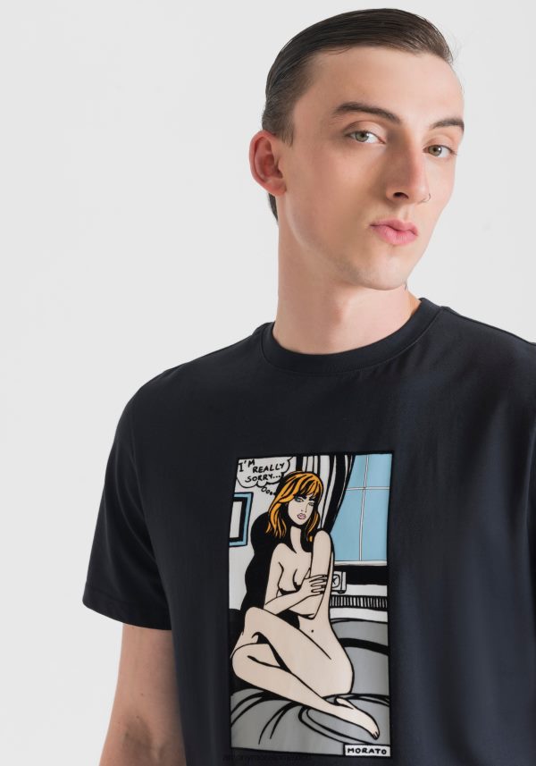camiseta regular fit de 100 % algodón con estampado de viñetas Antony Morato hombres tinta azul ropa PJRF6X181