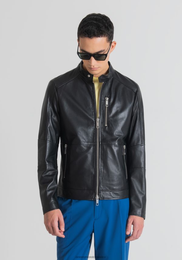 Chaqueta biker slim fit de piel auténtica con cuello coreano Antony Morato hombres negro ropa PJRF6X4