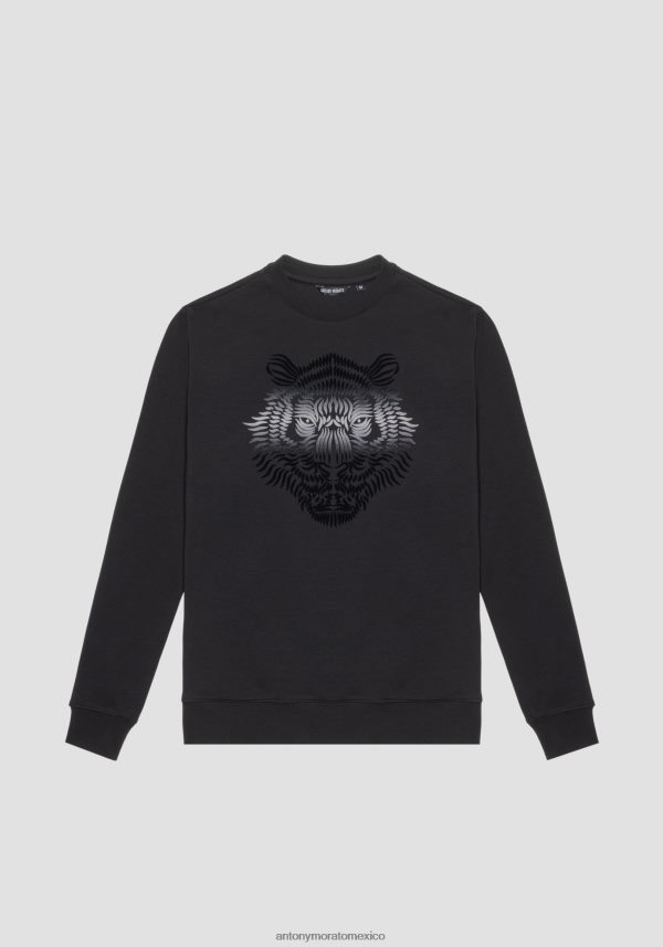 sudadera con cuello redondo y corte regular en mezcla de algodón con estampado de tigre decolorado Antony Morato hombres negro ropa PJRF6X47